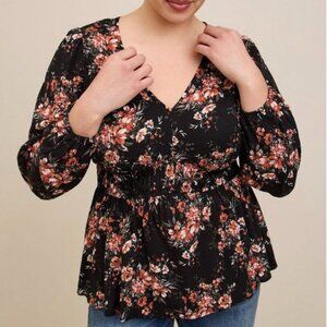 Torrid Top Blouse Womens Sz 2 Babydoll Floral V Neck Long Balloon Sleeve